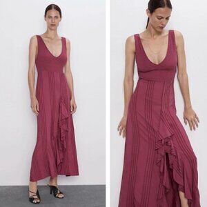 NEW Zara Dusty Pink Mixed Media Midi Tank Dress with Ruffles Influencer Favorite